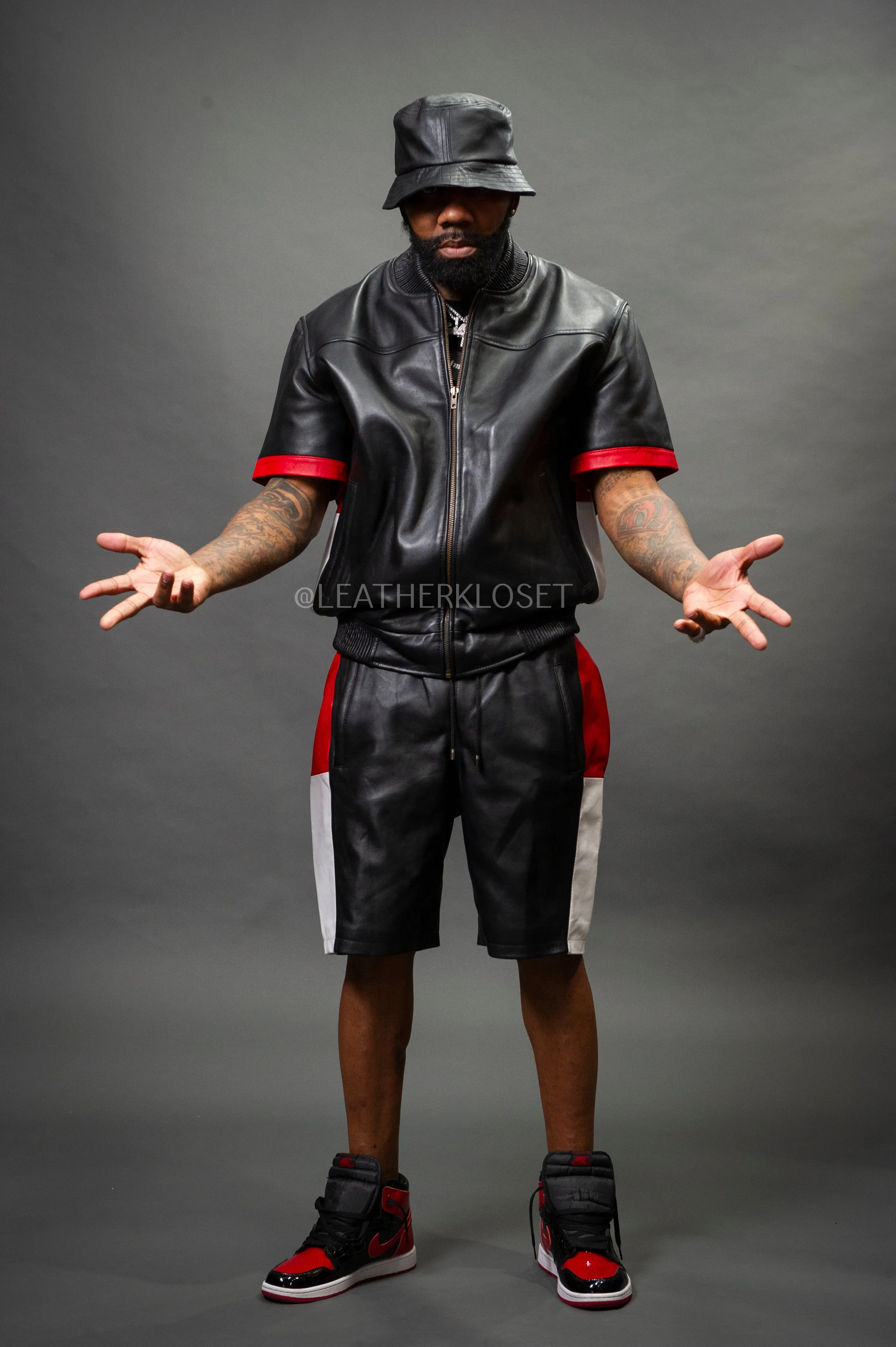 Men's Leo Leather Shorts and Jacket Set [Black/Red/White]