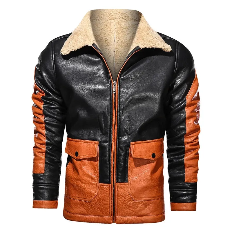 Mens Retro Genuine Lambkin Leather Multi Patch Faux Fur Lined Jacket