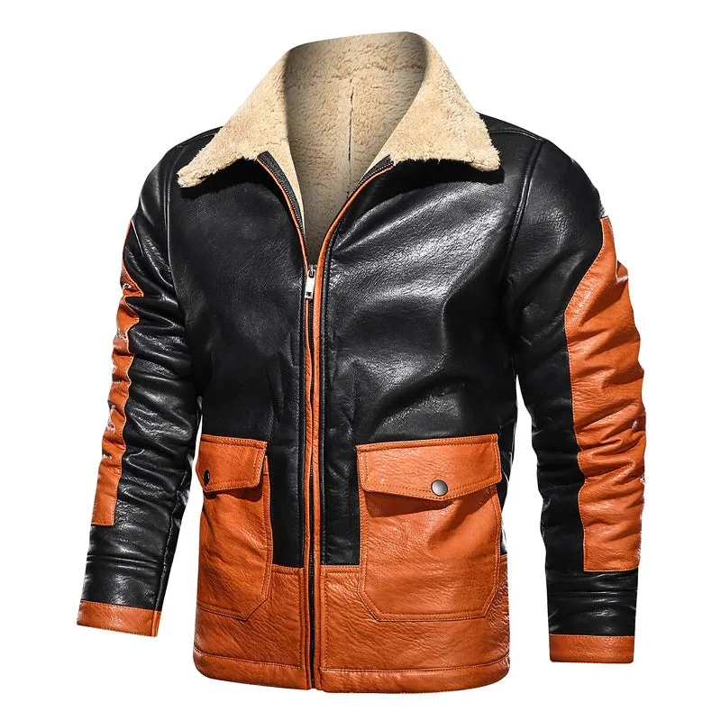 Mens Retro Genuine Lambkin Leather Multi Patch Faux Fur Lined Jacket