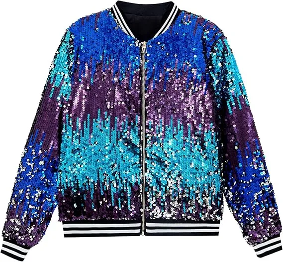 Men's Sequin Zip Up Blue-Pink Bomber Jacket