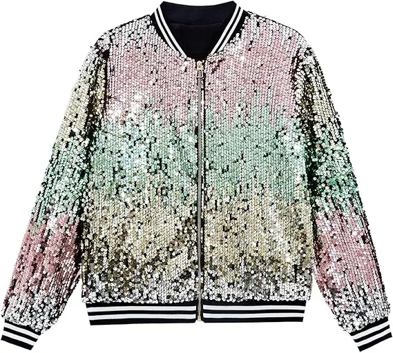 Men's Sequin Zip Up Blue-Pink Bomber Jacket