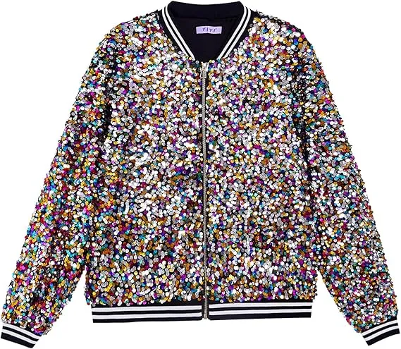 Men's Sequin Zip Up Blue-Pink Bomber Jacket