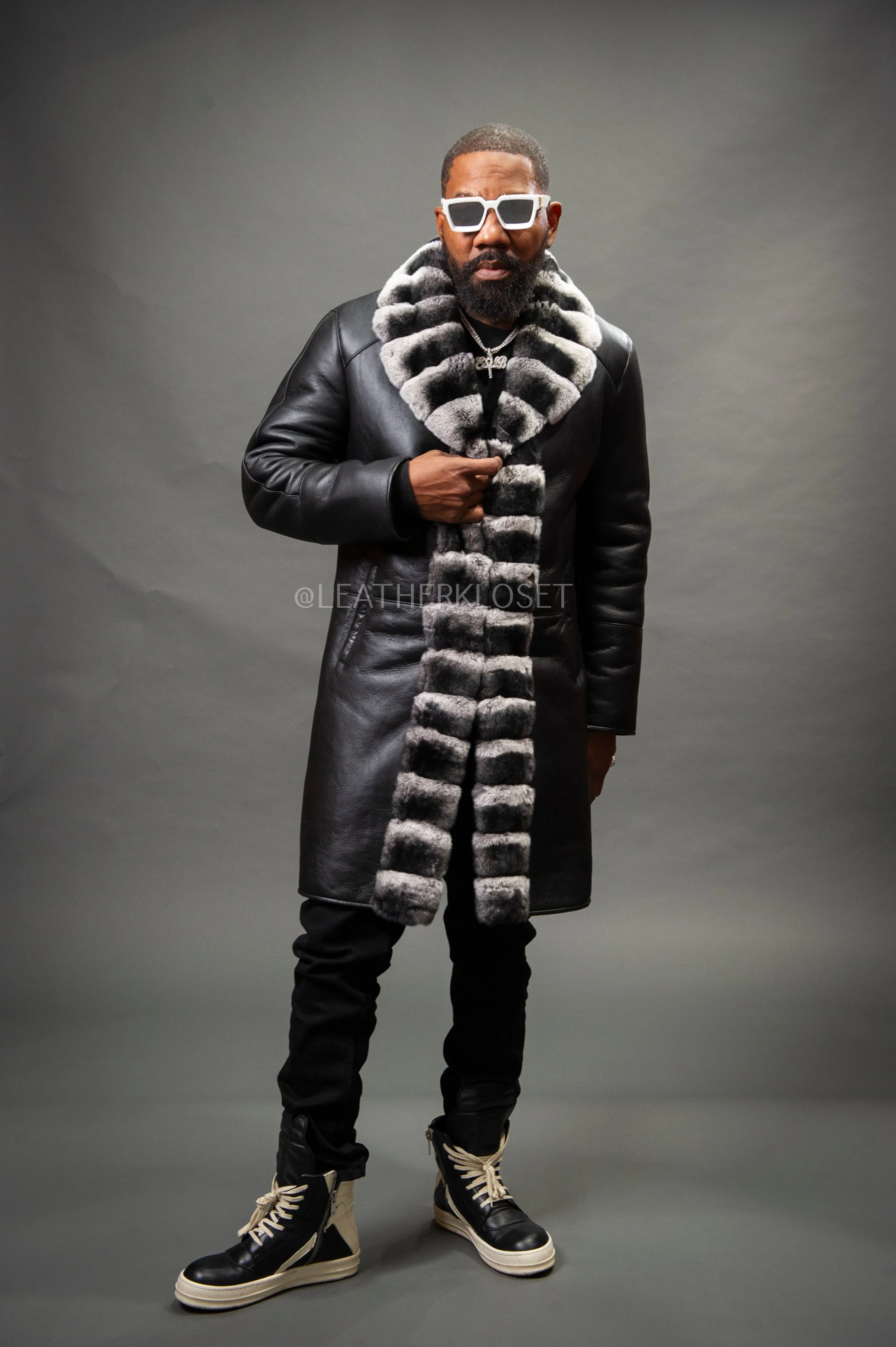 Men's Shearling Sheepskin Car Coat With Rex Chinchilla Trim