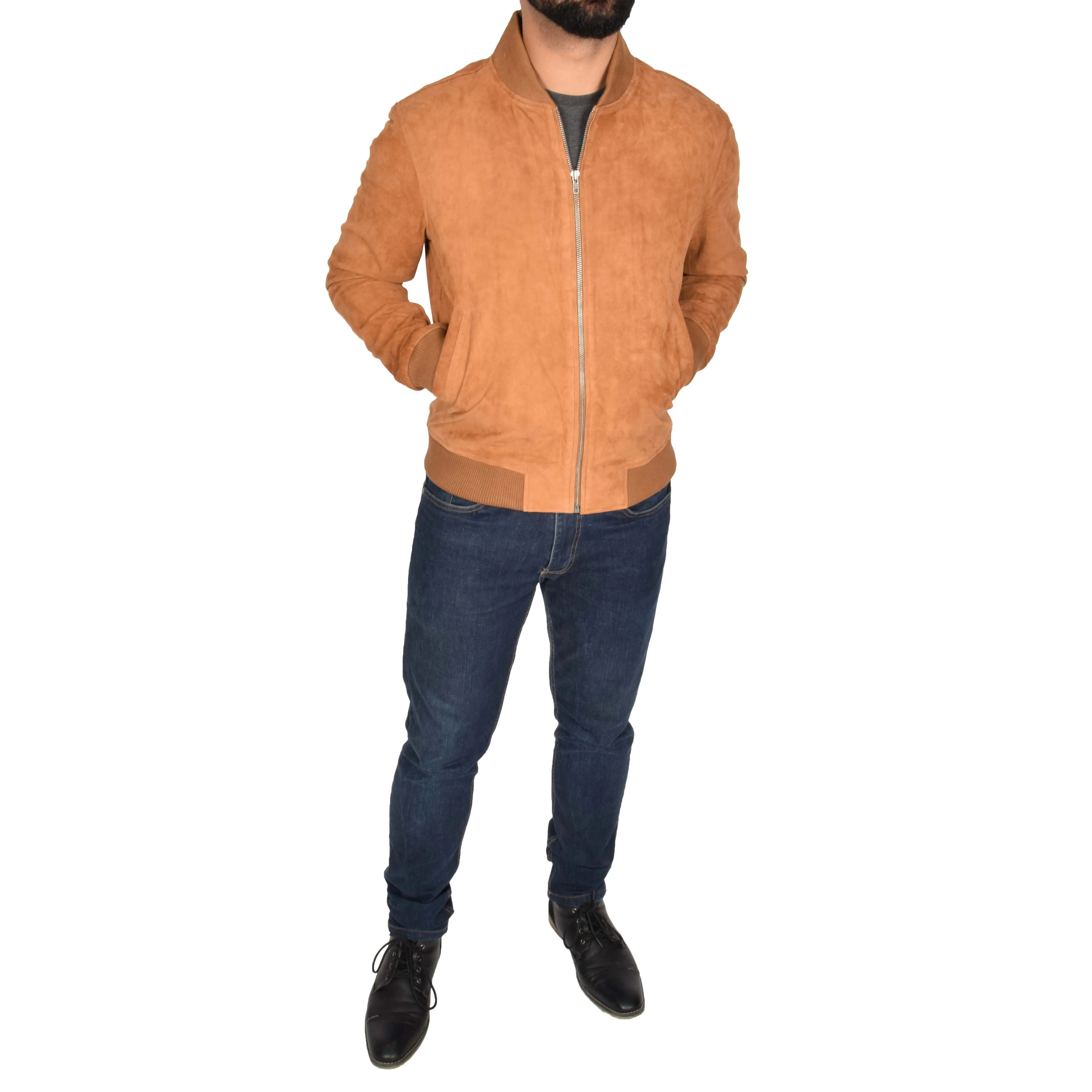 Mens Soft Goat Suede Bomber Varsity Baseball Jacket Blur Tan