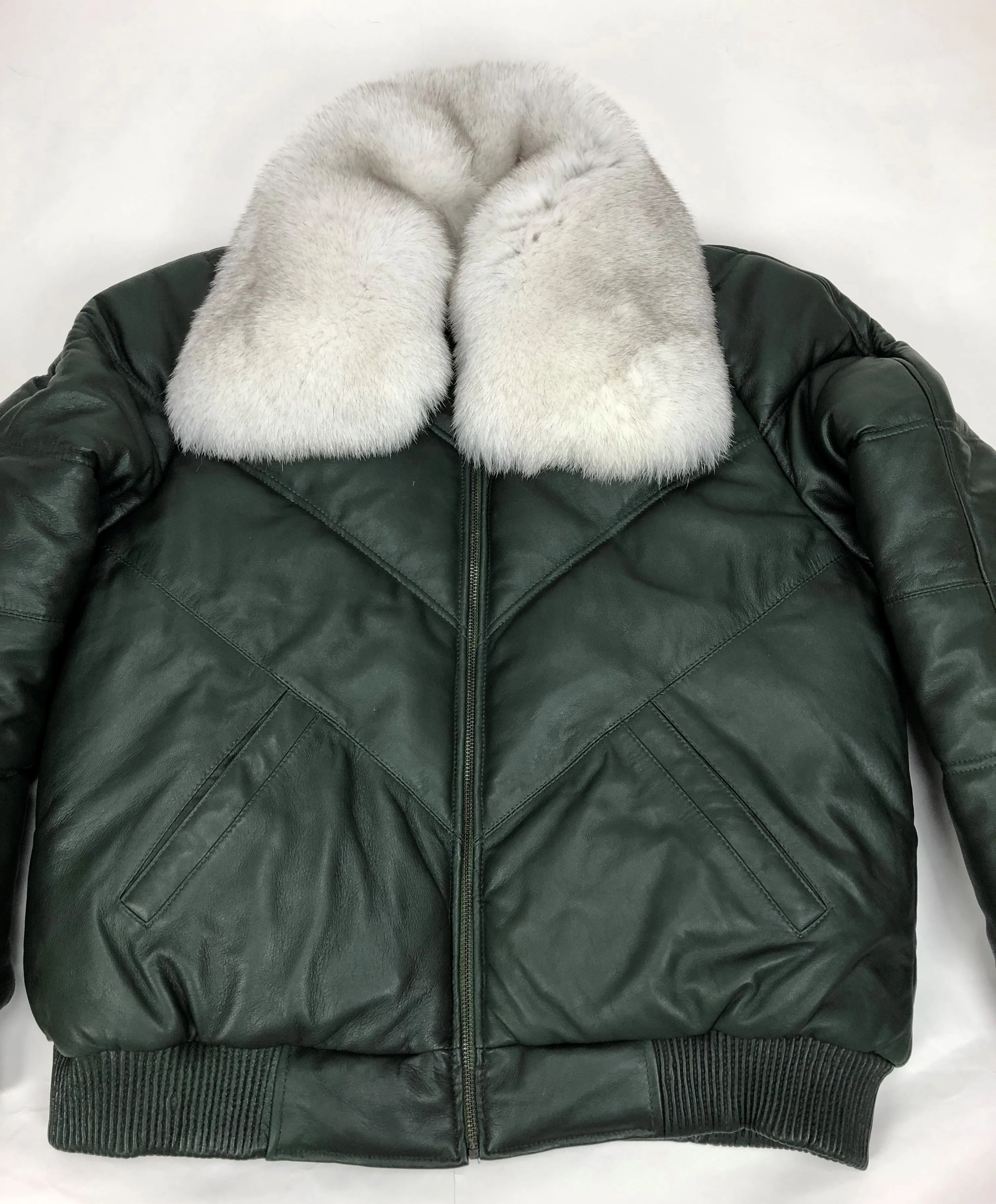 Men's V-Bomber Forest Green Premium Siberian Fox Collar