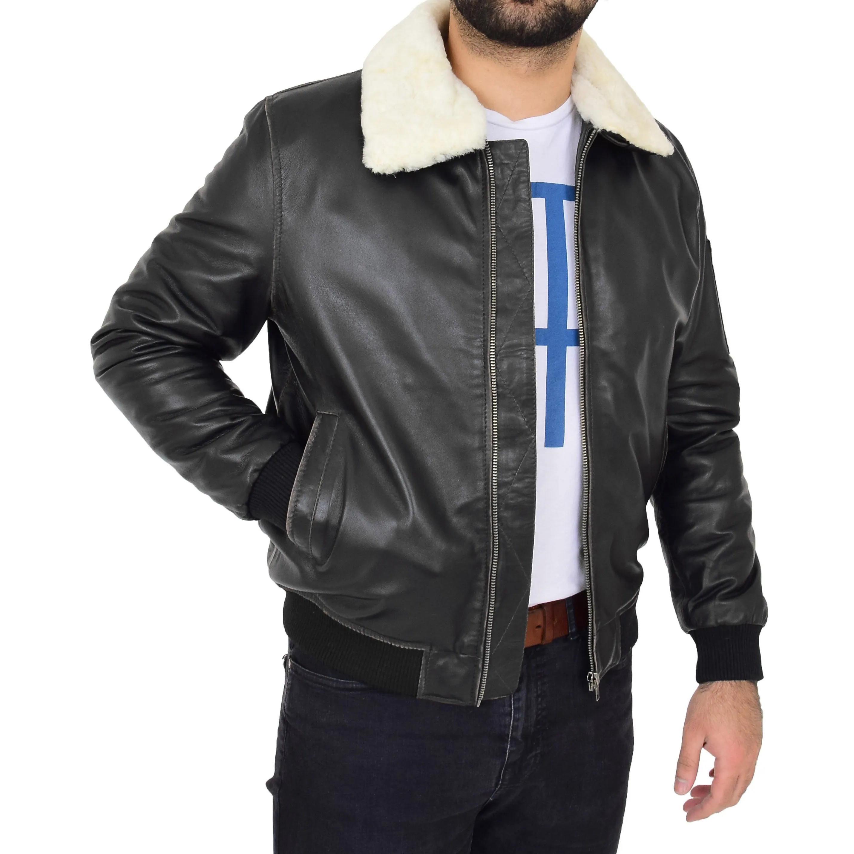 Mens Vintage Bomber Leather Jacket Sheepskin Collar Varsity Gunner Rub Off