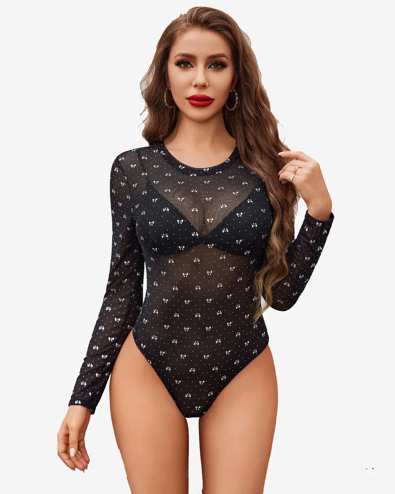 Mesh Sheer Leopard Long Sleeve Bodysuit