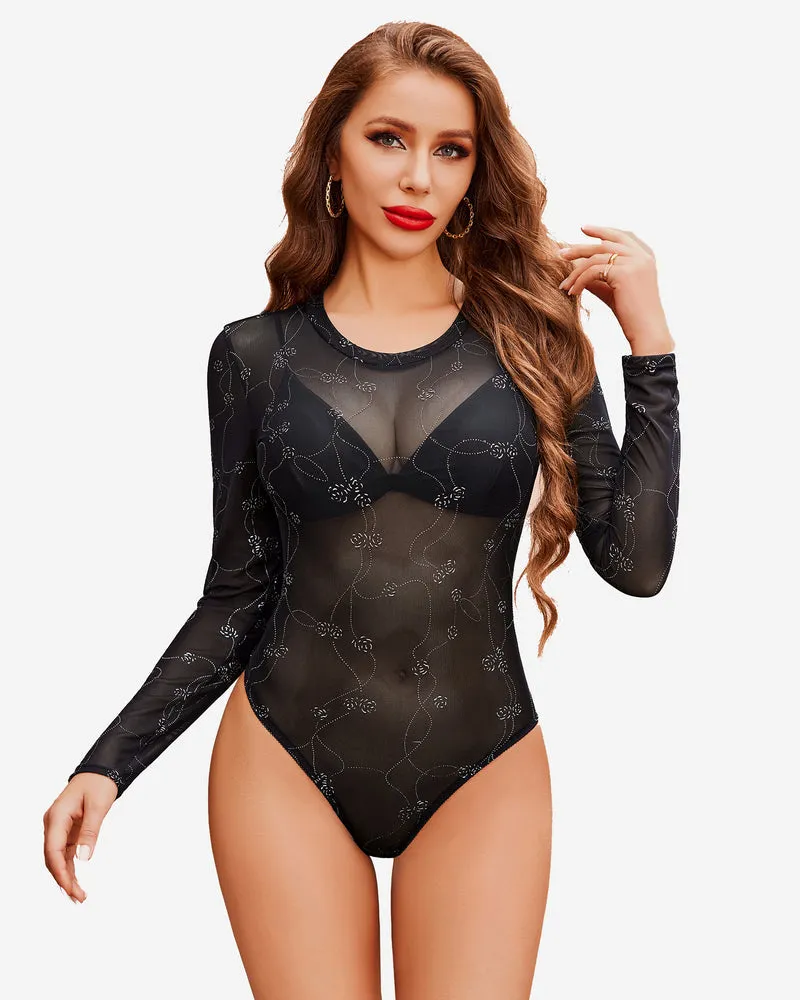 Mesh Sheer Leopard Long Sleeve Bodysuit