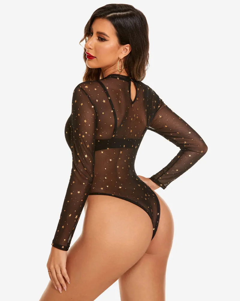 Mesh Sheer Leopard Long Sleeve Bodysuit