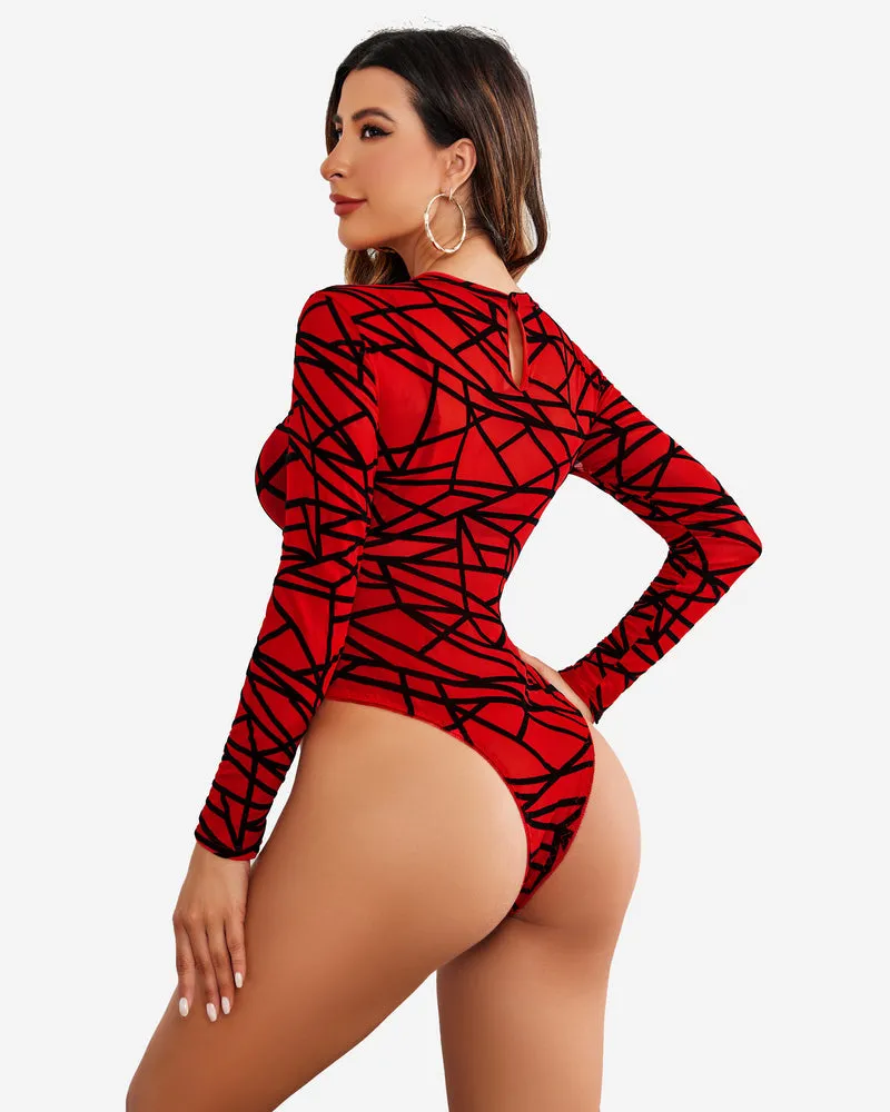 Mesh Sheer Leopard Long Sleeve Bodysuit