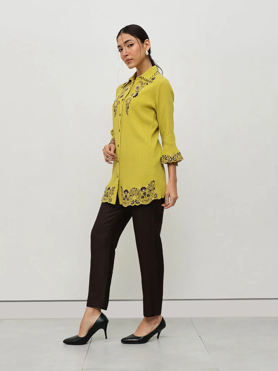 Mustard Floral Embroidered Shirt