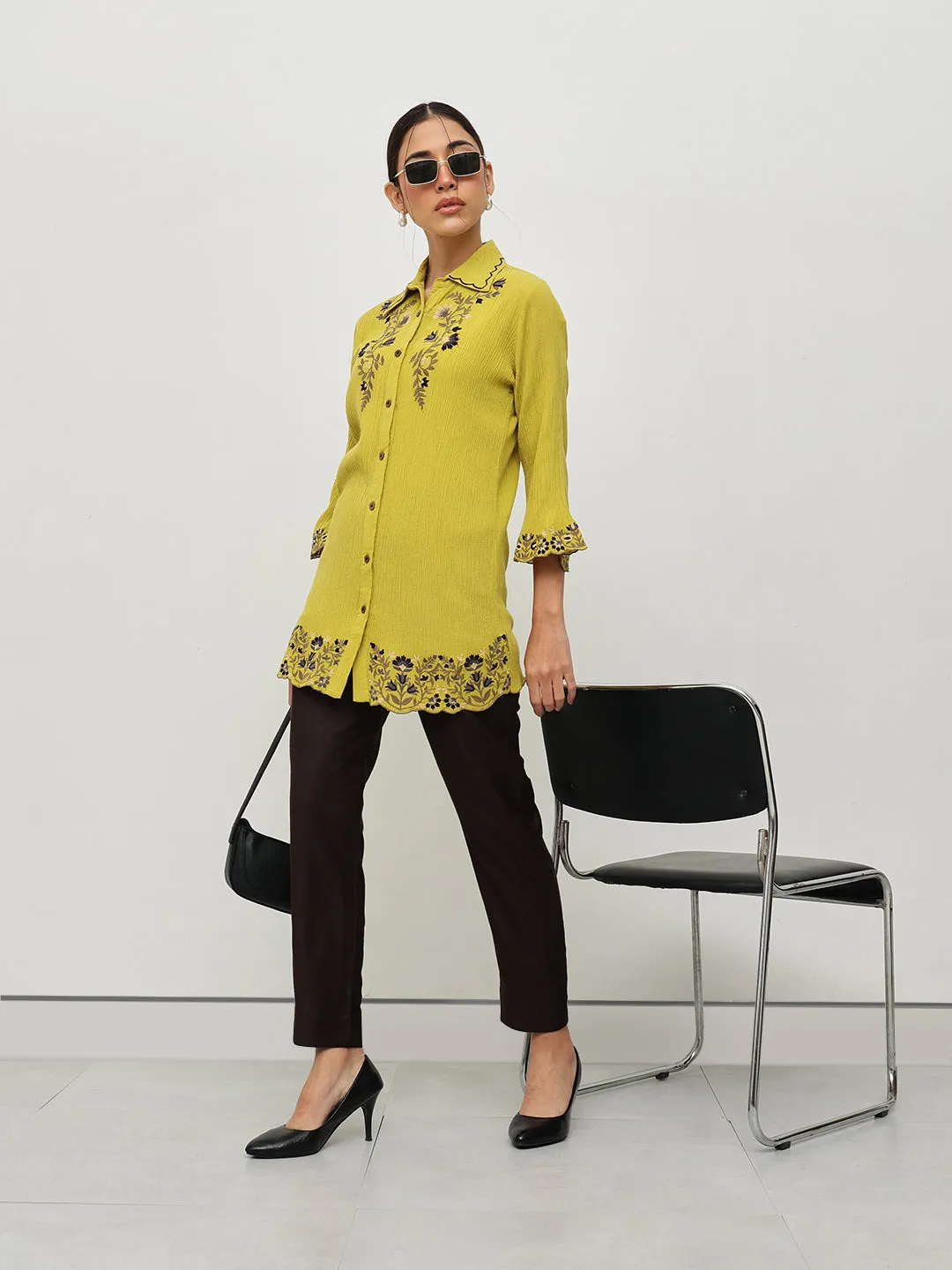 Mustard Floral Embroidered Shirt