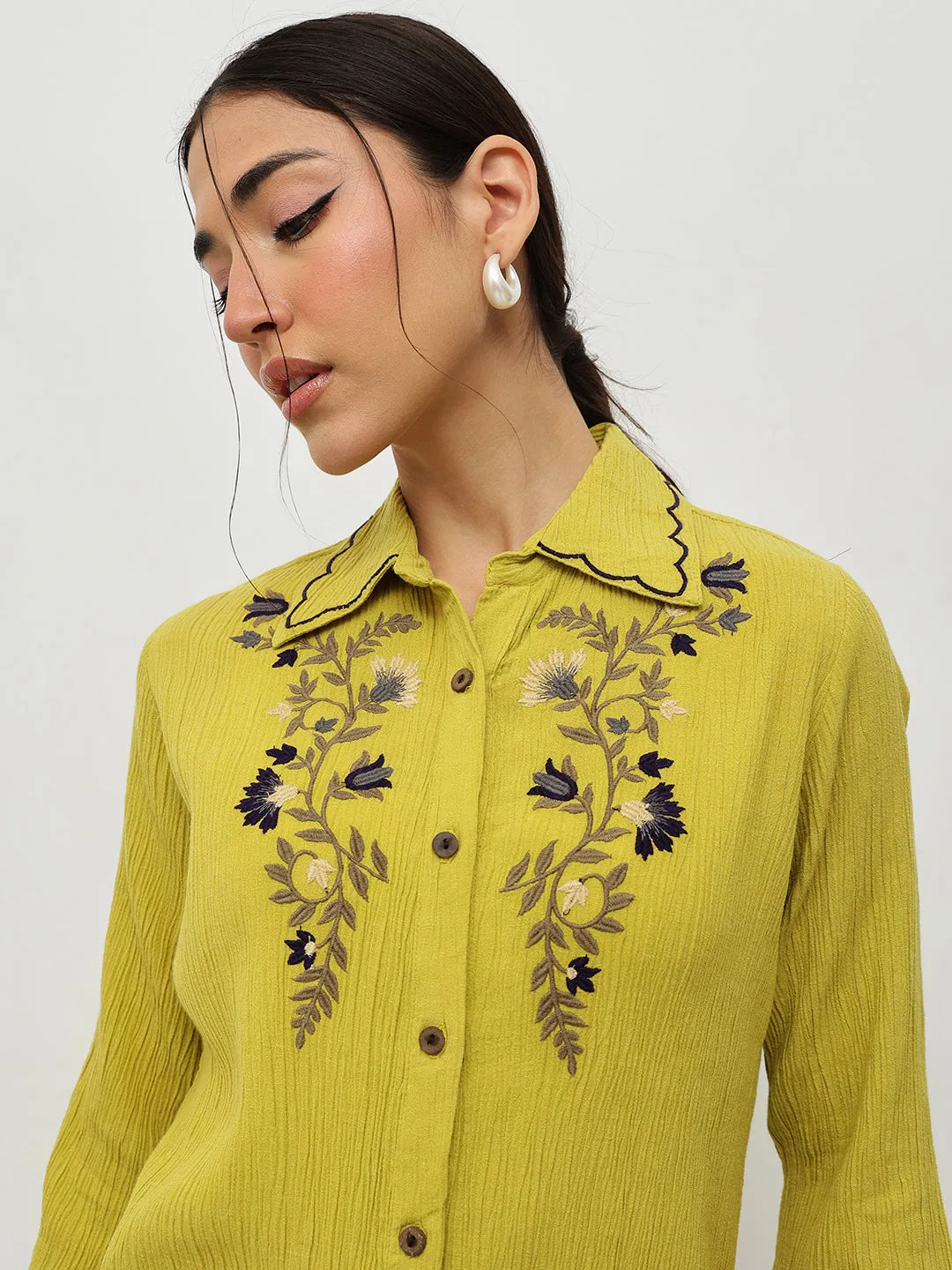 Mustard Floral Embroidered Shirt