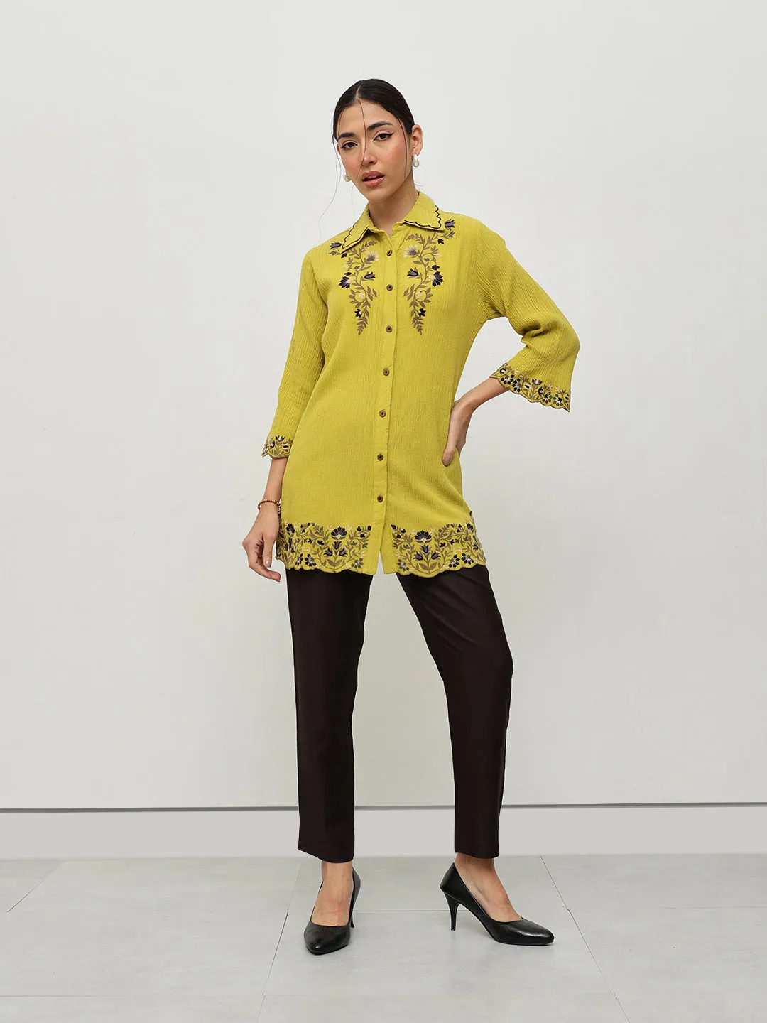 Mustard Floral Embroidered Shirt