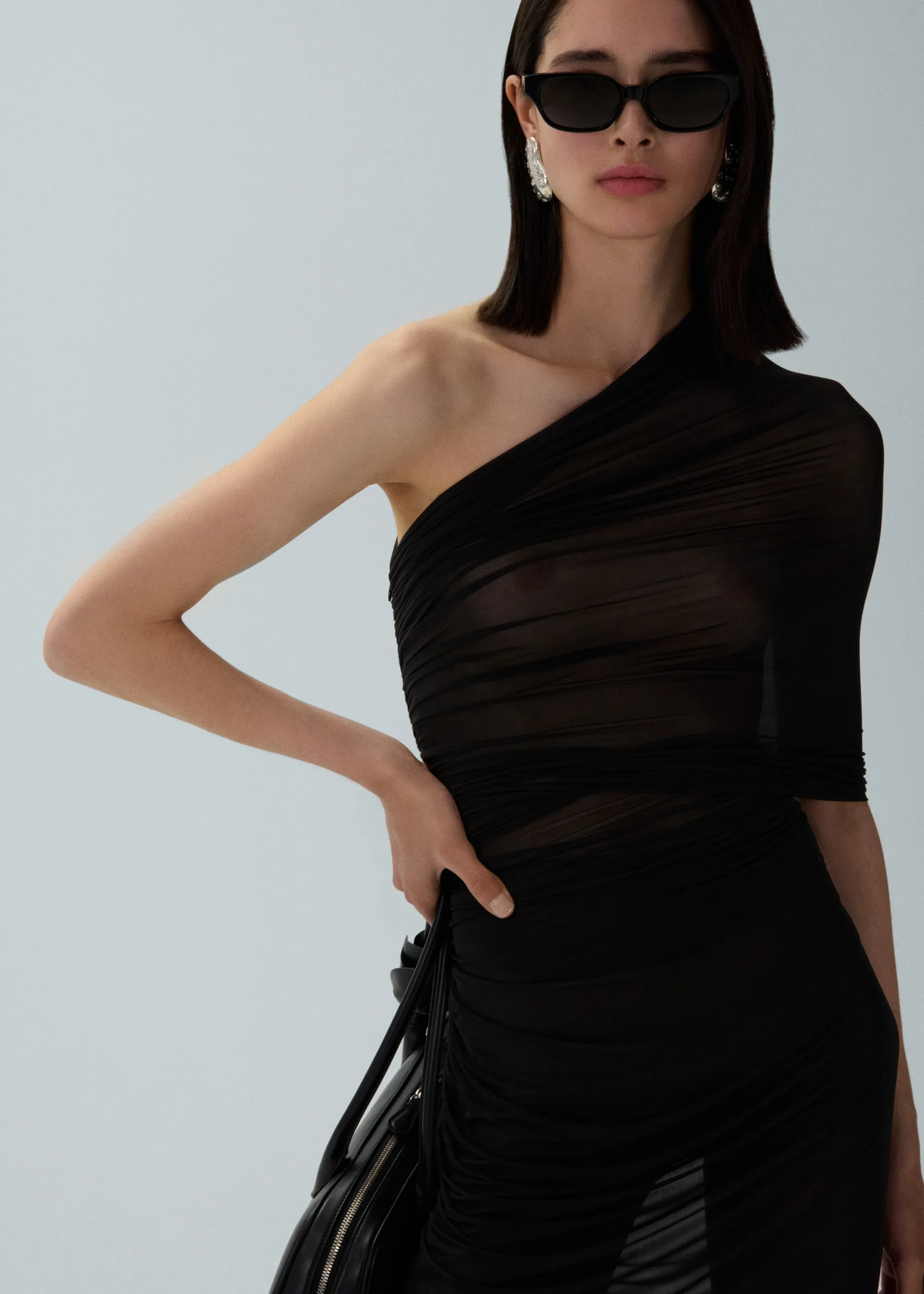 One shoulder draped midi dress in black