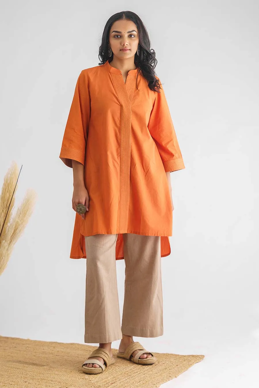 Orange Stitch Detailed High-Low Tunic & Pant Set (Set of 2)