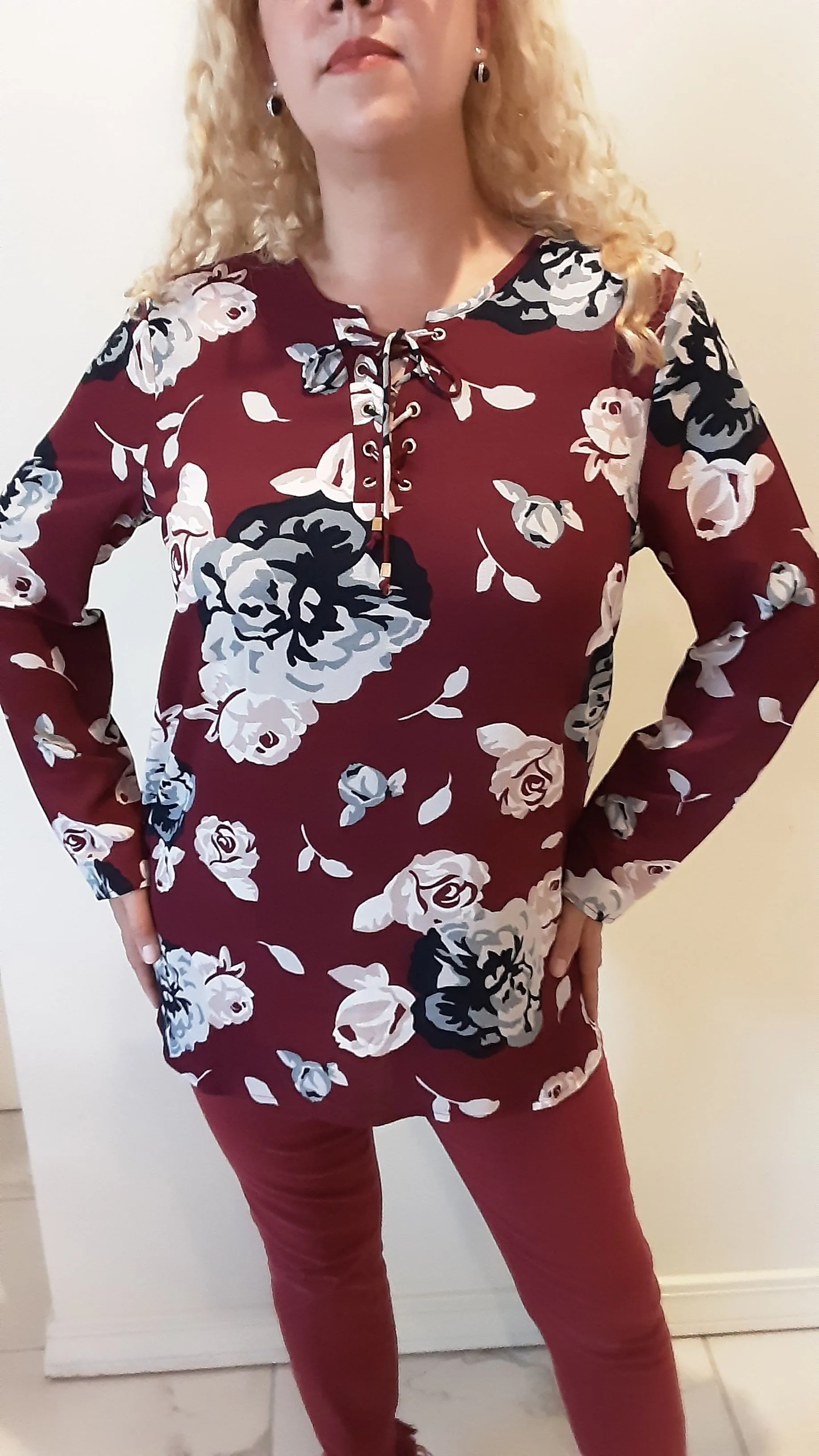 Oversize Floral Blouse with Lace Up Front | Mud Pie