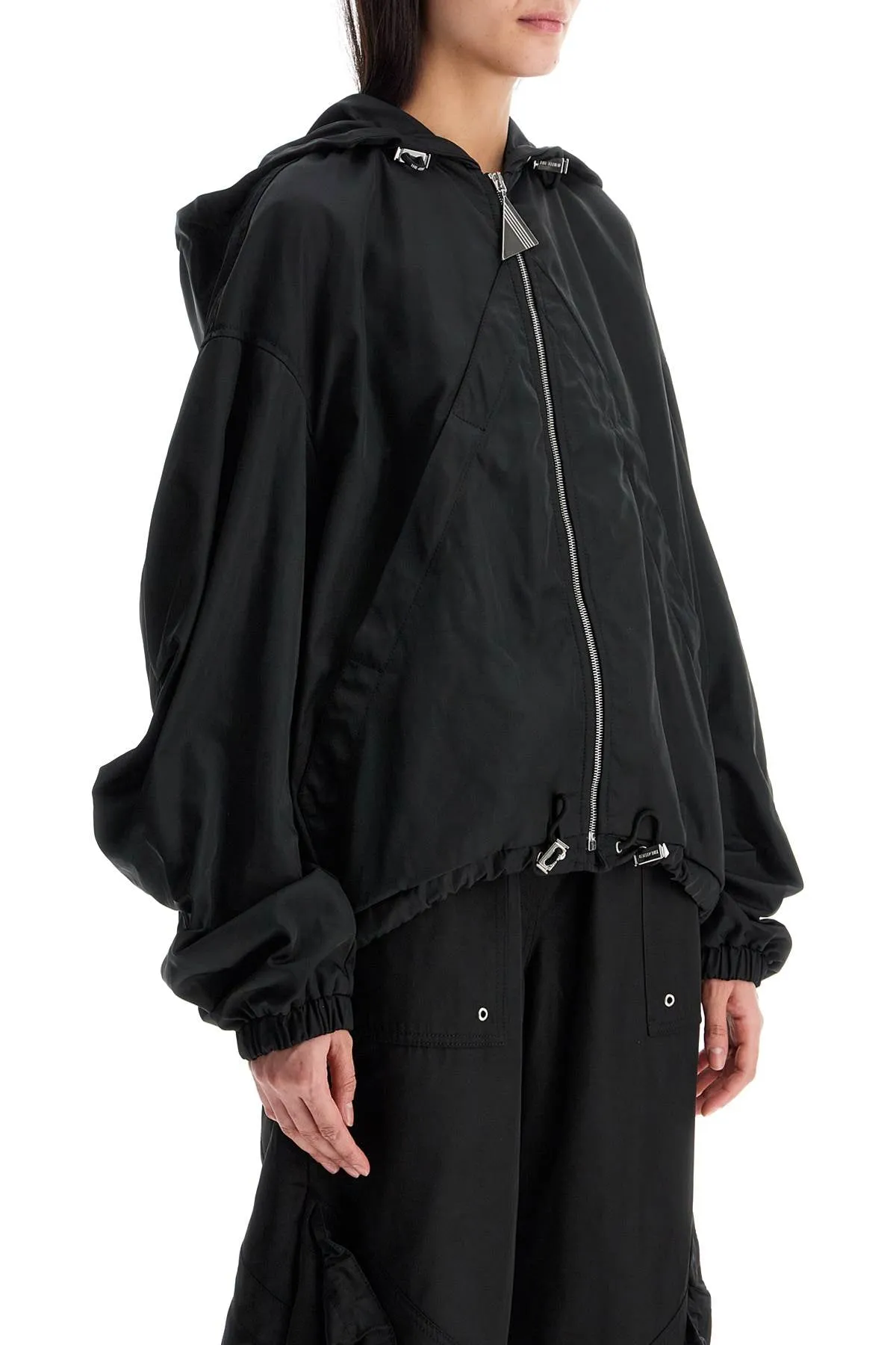 Oversized Black Hooded Bomber Jacket In Polyester