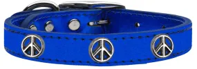 Peace Sign Widget Genuine Metallic Leather Dog Collar Blue 14