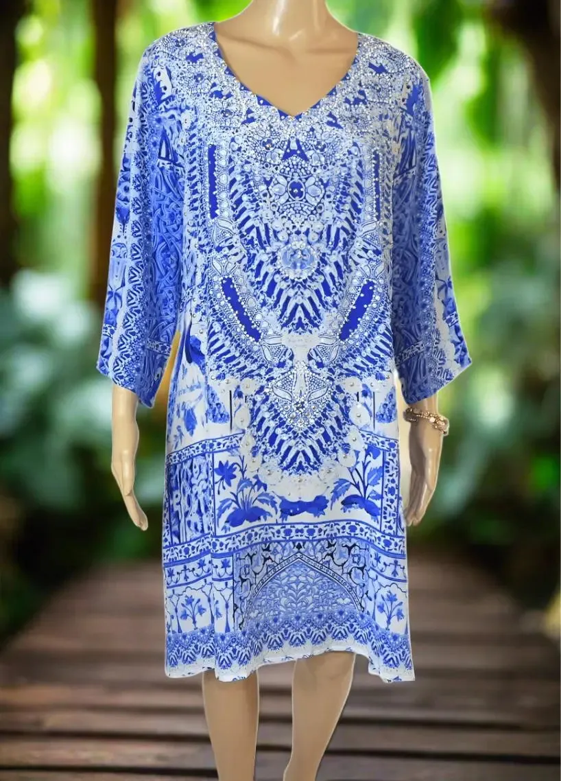 Peacock Silk Hand beaded Tunic Dress by Fashion Spectrum