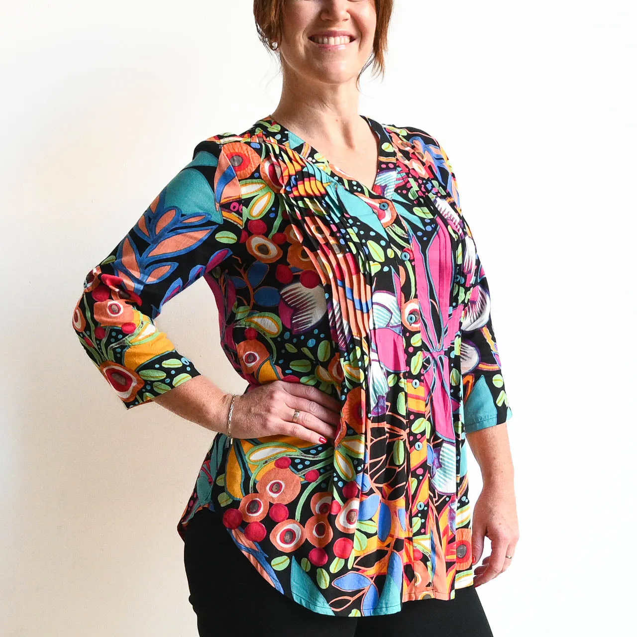 Pleat Button-Through Tunic Blouse by Orientique Australia - Copacabana - 62666