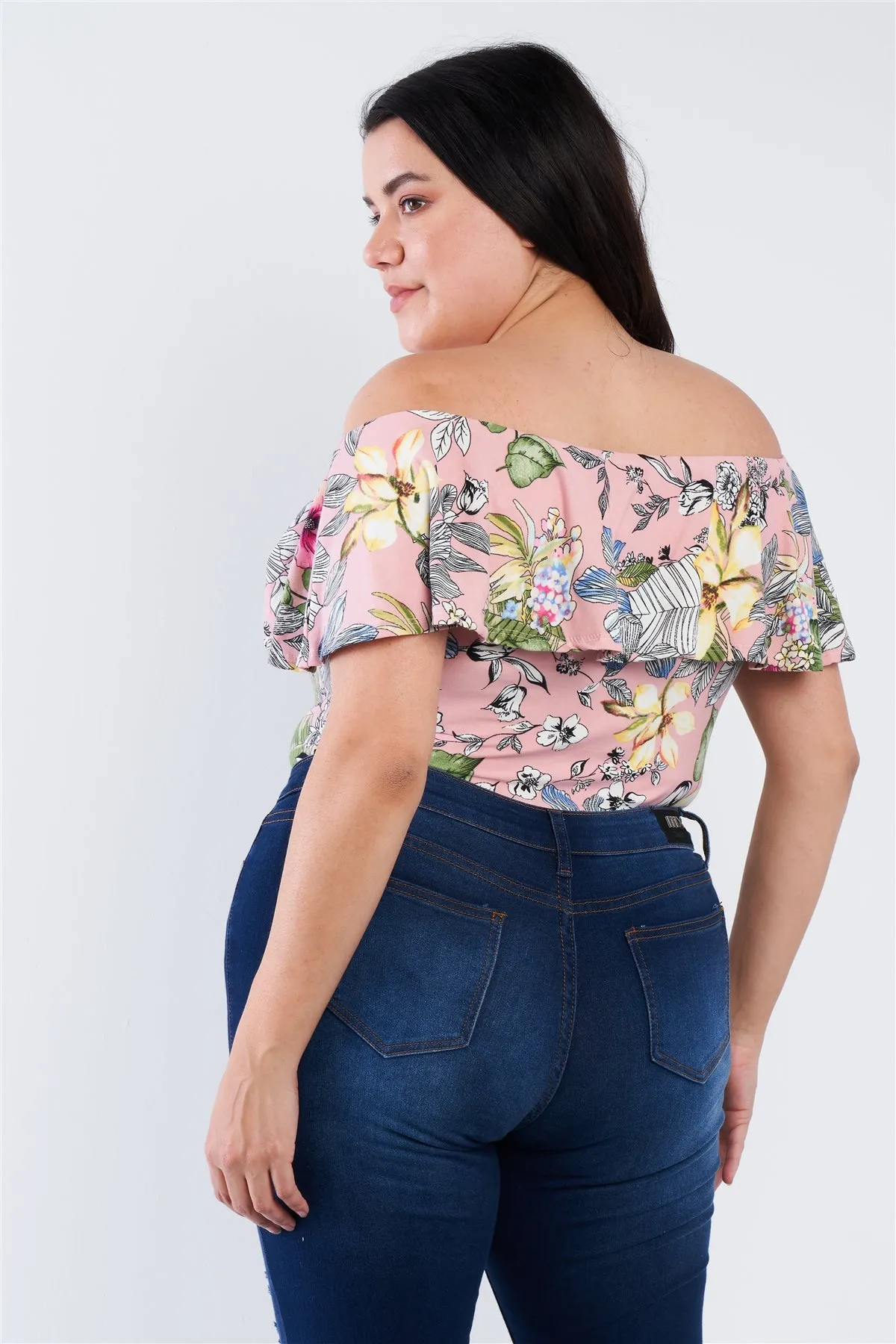 Plus Size Pink Tropical Print Off The Shoulder Snap Bottom Bodysuit