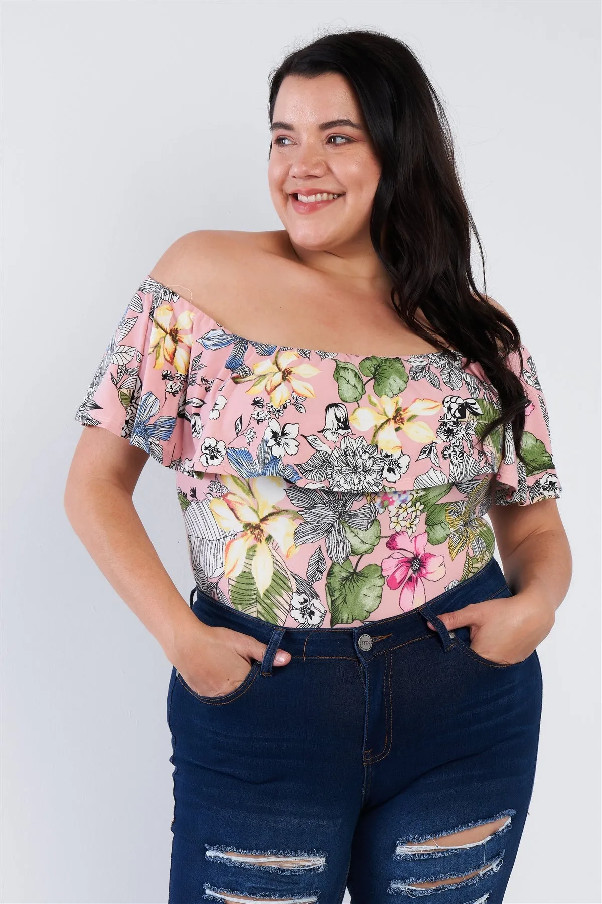 Plus Size Pink Tropical Print Off The Shoulder Snap Bottom Bodysuit