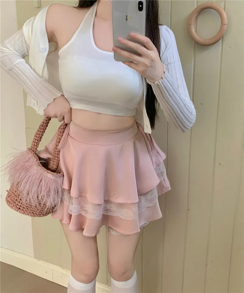 Princess Ruffled High Waist Cake Fluffy Layered White Black Pink Mini Skirt