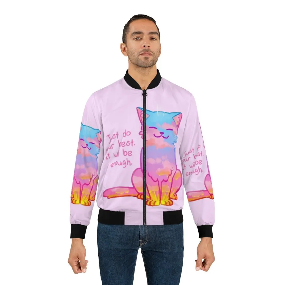 "Your Best Is Enough" Sunset Cat Bomber Jacket - Affirmation, Self-Care