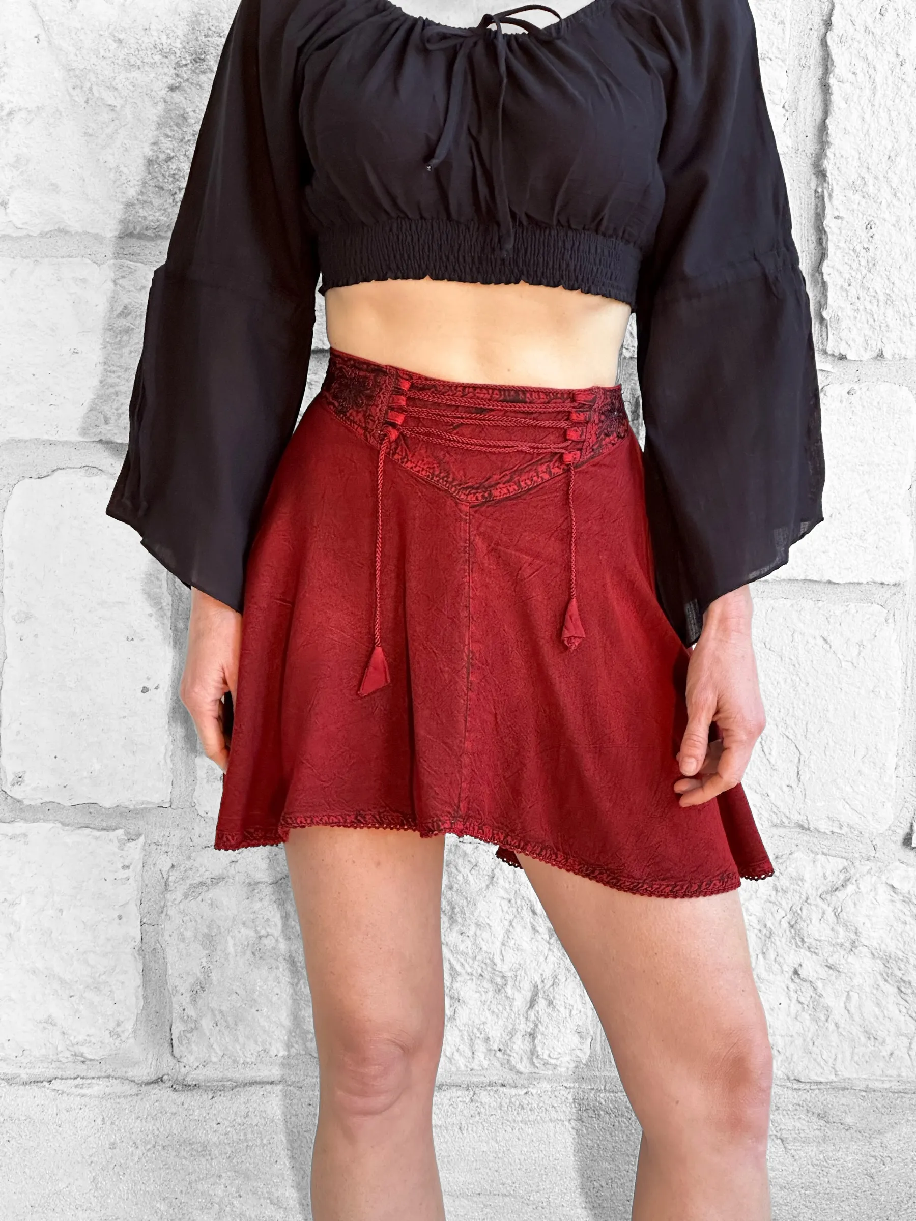 'Short Pixie Fairy Skirt' Embroidered Rayon - Red