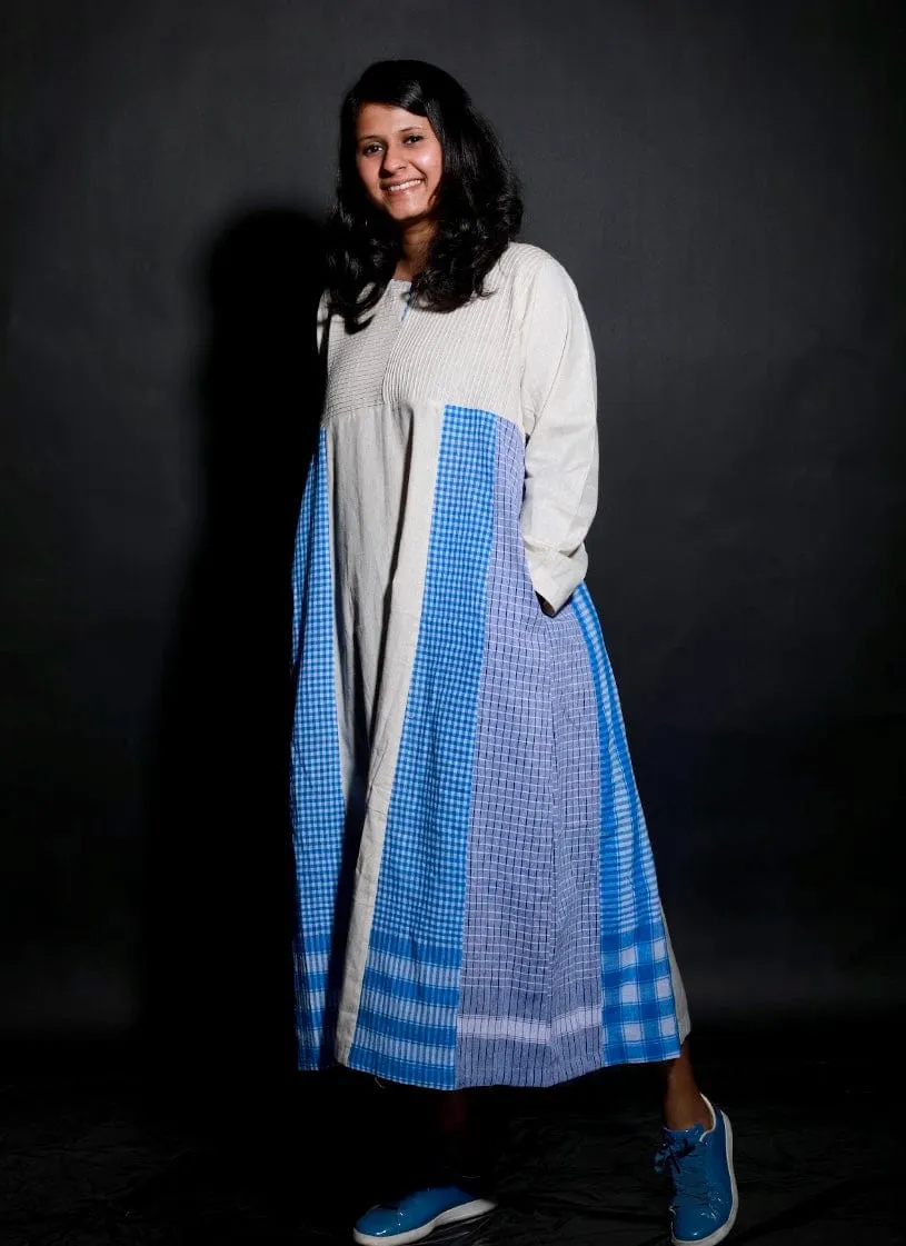 Side Panelled Big Book Dress (White & Blue)