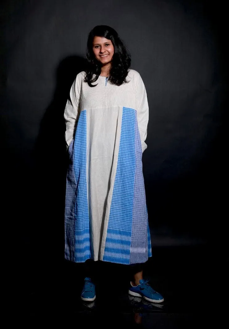 Side Panelled Big Book Dress (White & Blue)