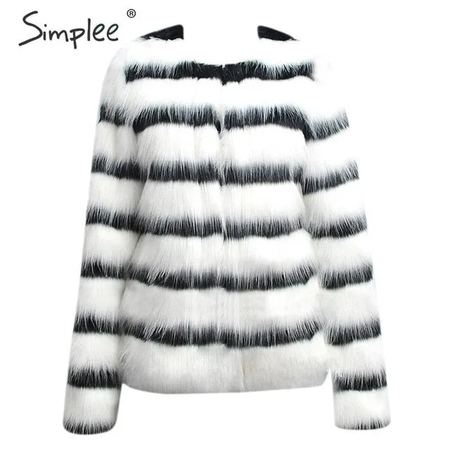 Simplee Plus size women faux fur coat Elegant striped autumn winter female jackets coats Streetwear fashion ladies warm coats