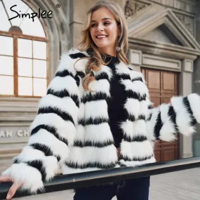 Simplee Plus size women faux fur coat Elegant striped autumn winter female jackets coats Streetwear fashion ladies warm coats