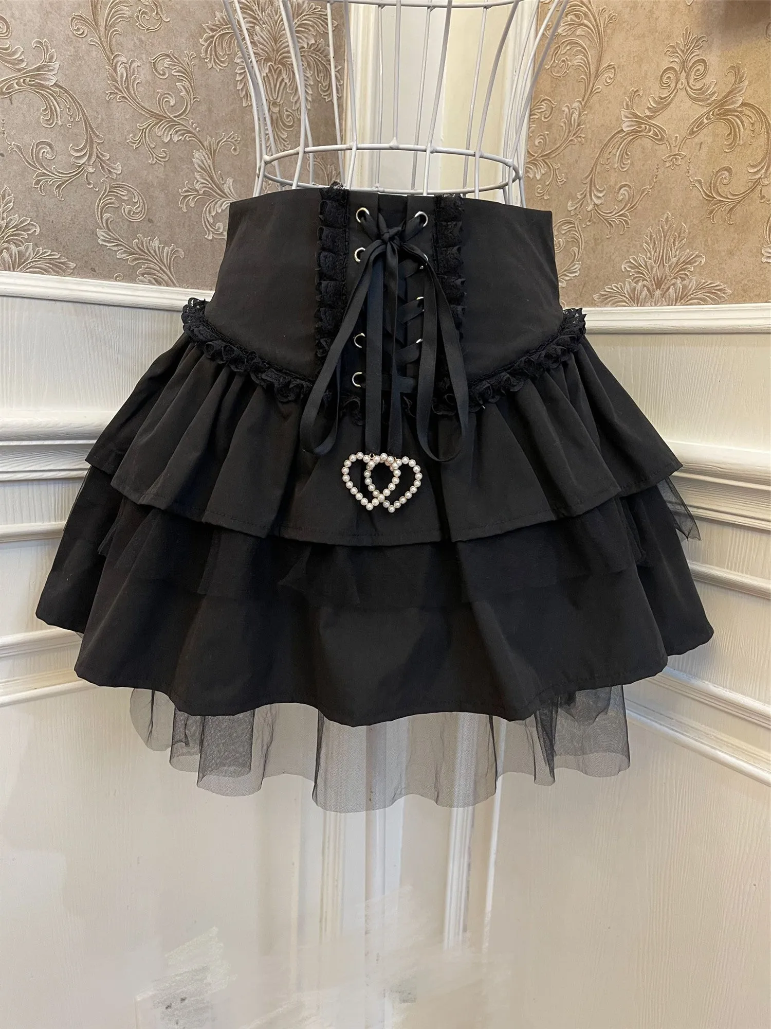 Sweetheart Princess Gothic Black Cake Layered Lace High Waist Mini Skirt