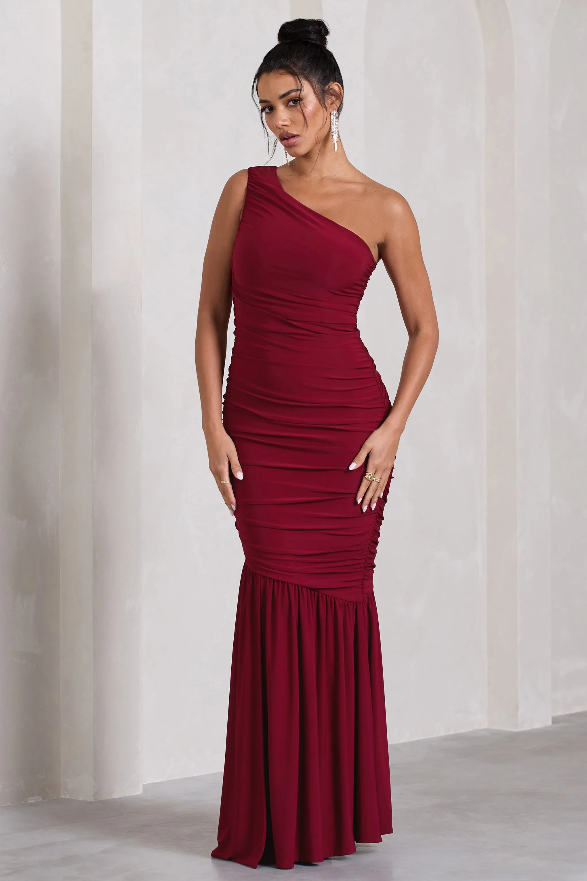 The Limelight | Berry One Shoulder Ruched Maxi Dress