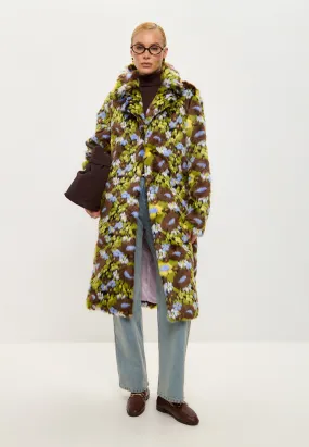 Trendy Faux Fur Long Coat with Vibrant Floral Print