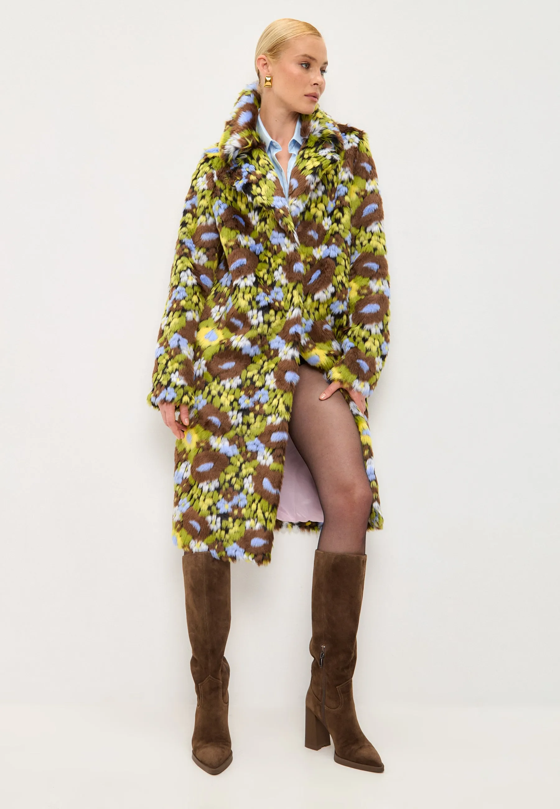 Trendy Faux Fur Long Coat with Vibrant Floral Print