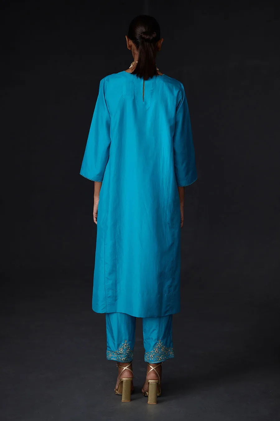 Turquoise Blue Embroidered Pocket Tunic & Pant Set