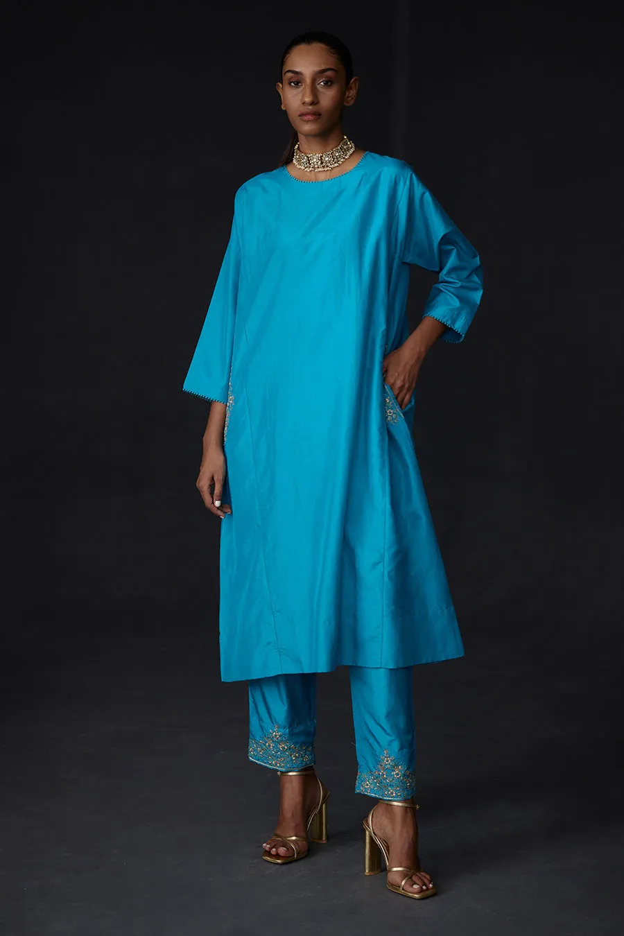 Turquoise Blue Embroidered Pocket Tunic & Pant Set