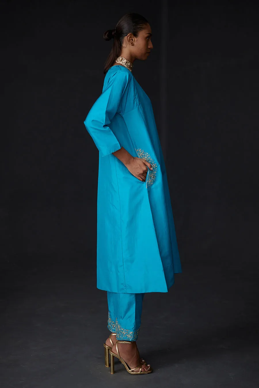 Turquoise Blue Embroidered Pocket Tunic & Pant Set