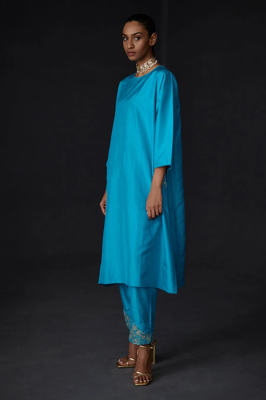 Turquoise Blue Embroidered Pocket Tunic & Pant Set