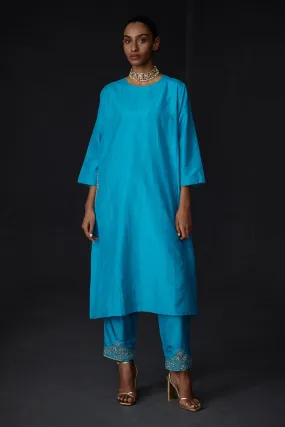 Turquoise Blue Embroidered Pocket Tunic & Pant Set