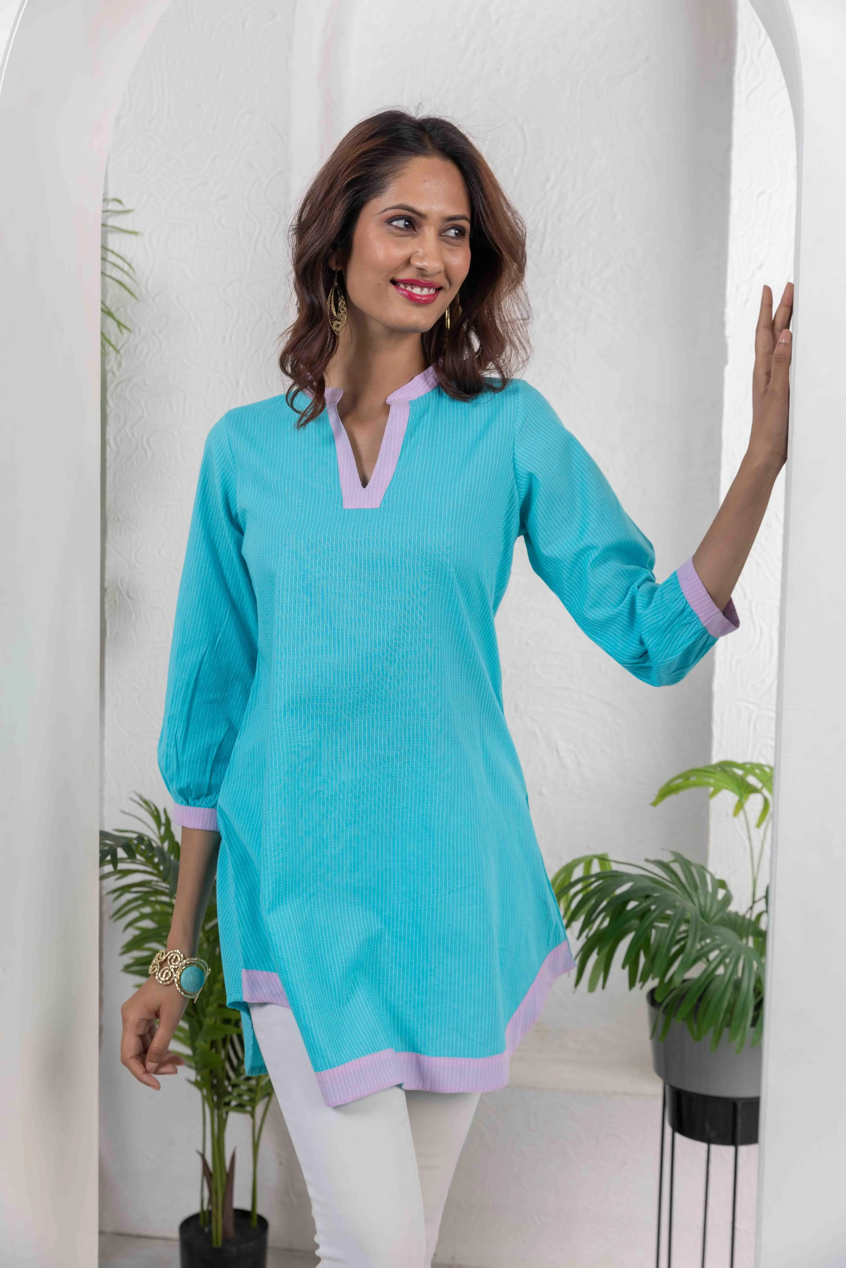 Turquoise Cotton Kantha Combo Tunic