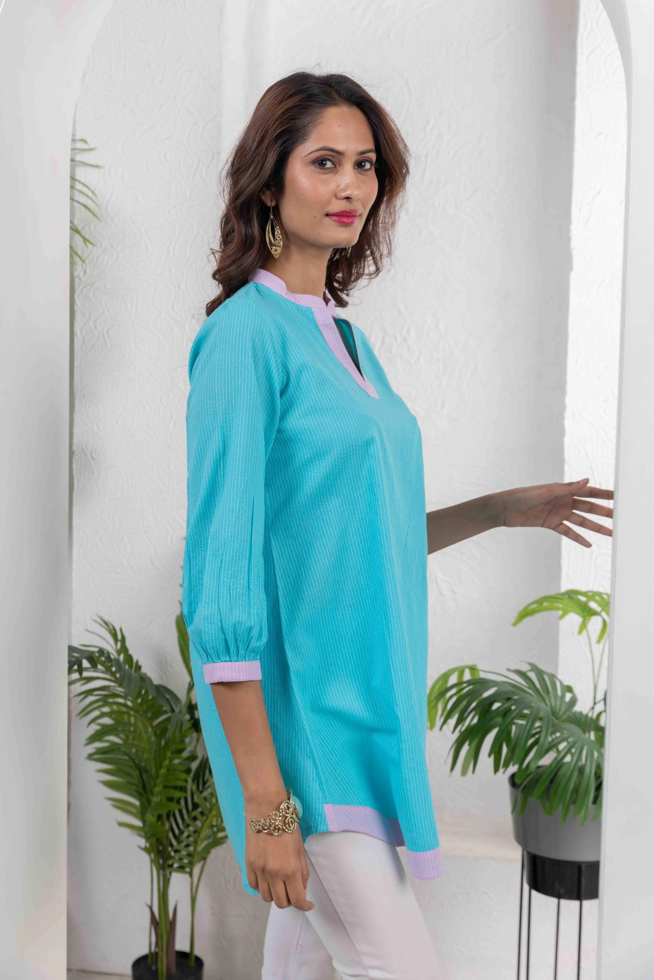 Turquoise Cotton Kantha Combo Tunic