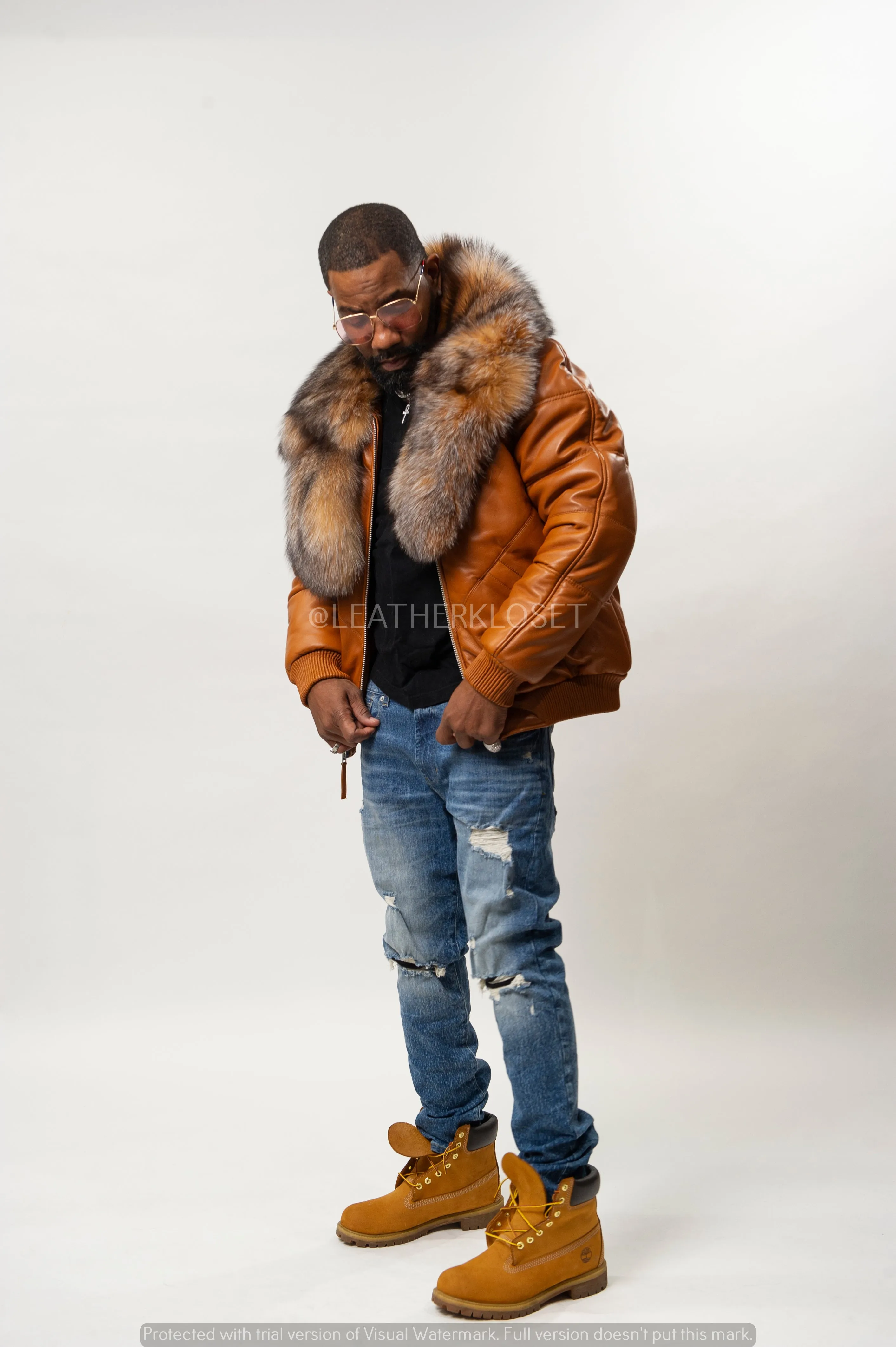 V-Bomber Leather Premium Full Fox Fur Collar [Saddle Brown]