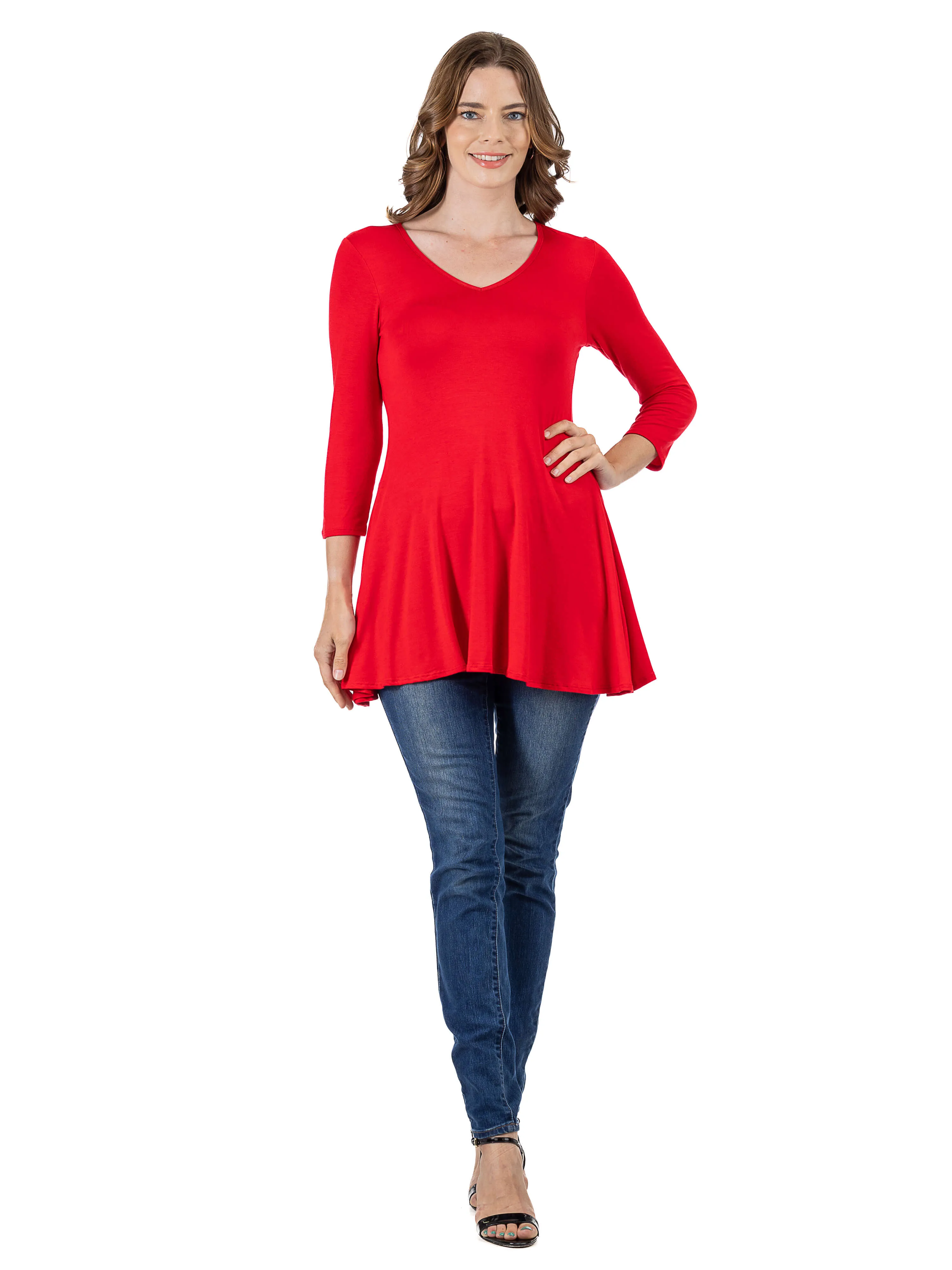 V-Neck Loose Fit Three Quarter Sleeve Tunic Top For Women