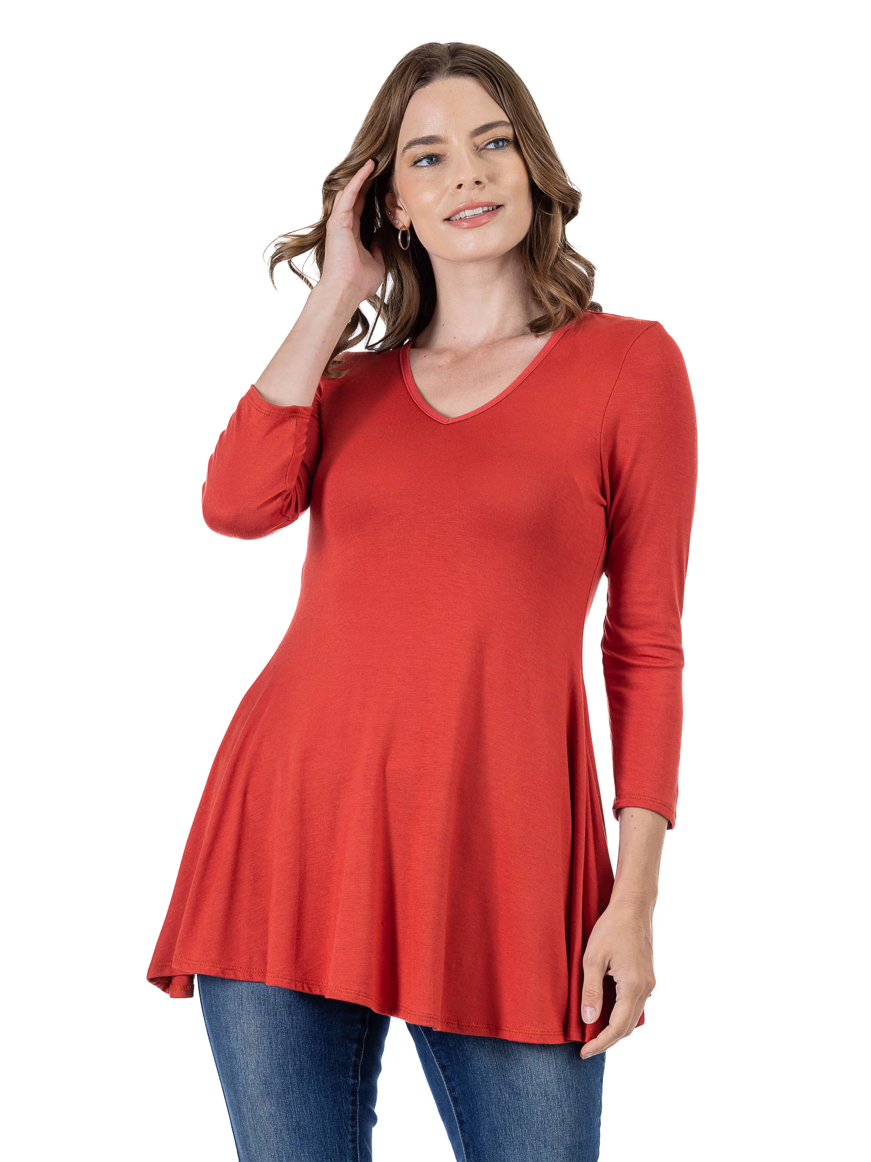 V-Neck Loose Fit Three Quarter Sleeve Tunic Top For Women