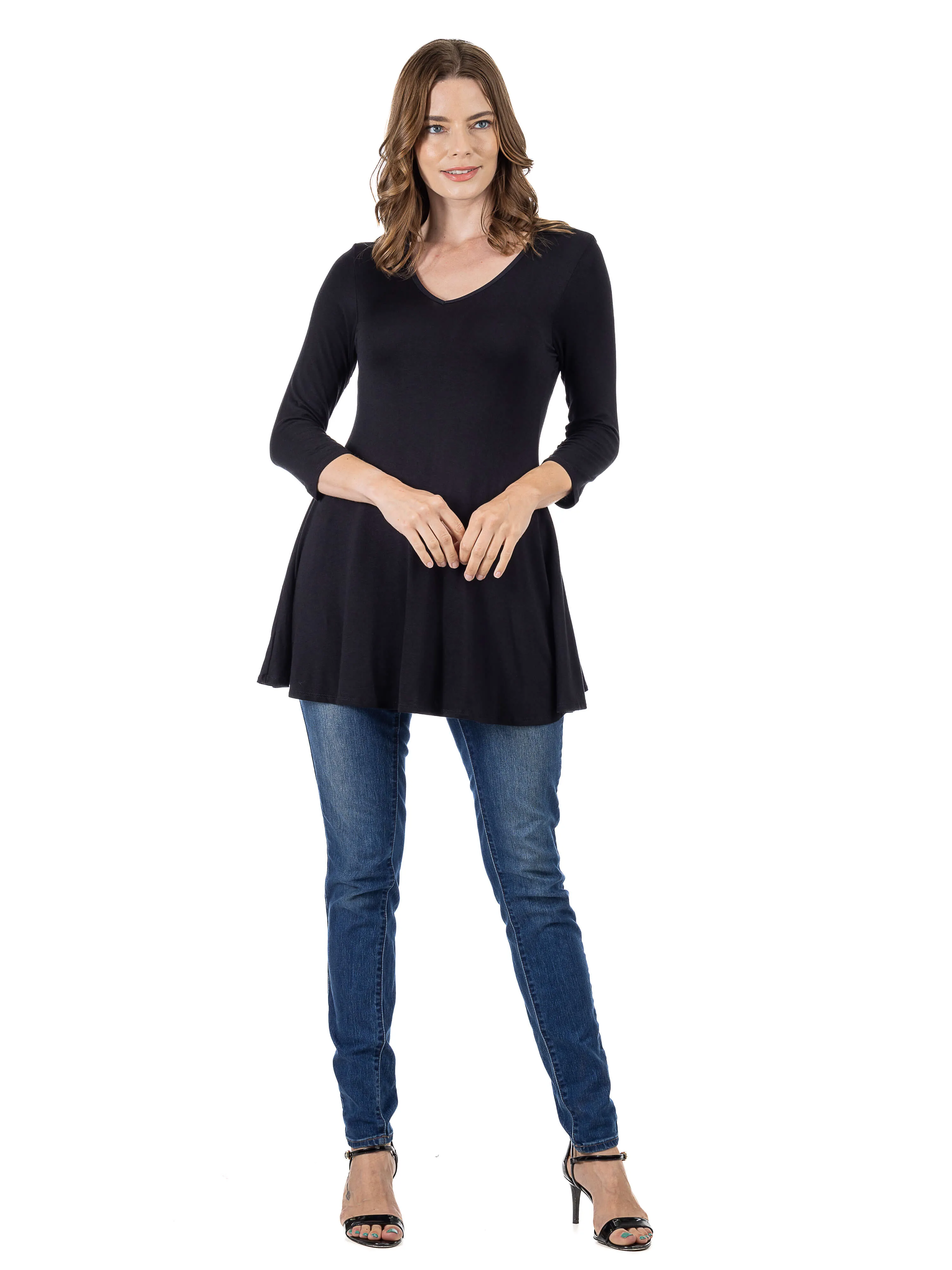 V-Neck Loose Fit Three Quarter Sleeve Tunic Top For Women