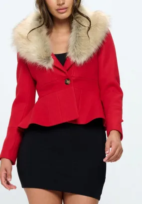 Vegan Wool Peplum Jacket With Faux Fur Collar